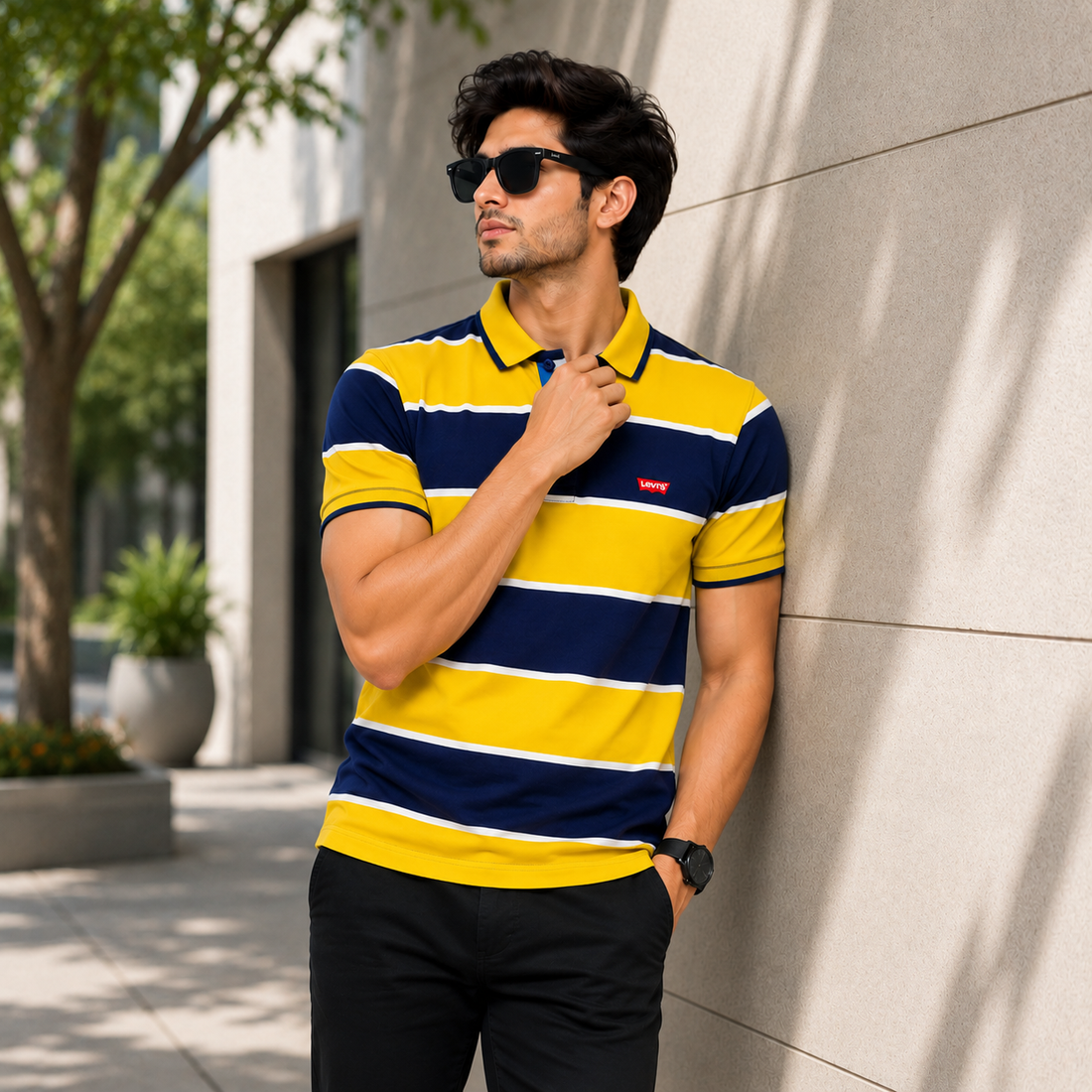 Men's Yellow & Navy Striped Polo Shirt